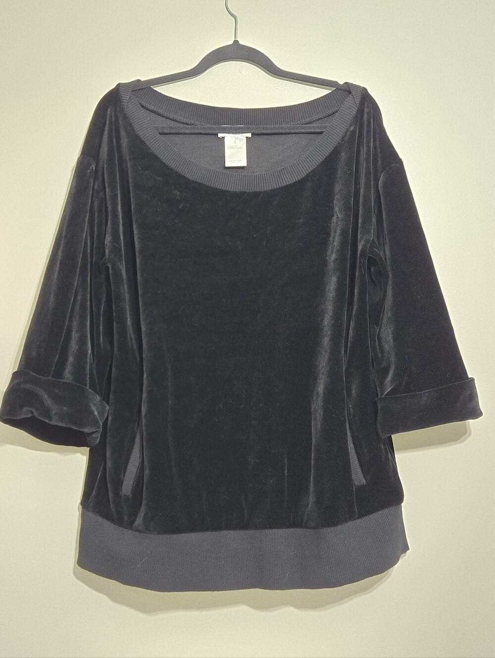 Y2K Rykiel Karma Body & Soul Black Velour Pullover Top Tunic Womens L 3/4 Sleeve
